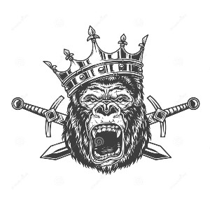 crowned gorilla with crossed swords behind